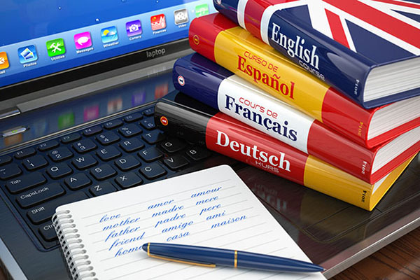E-learning. Learning languages online. Dictionaries on laptop.